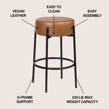 Paola Modern Minimalist Round Backless Metal/Vegan Leather Cushioned Bar Stool - JONATHAN Y